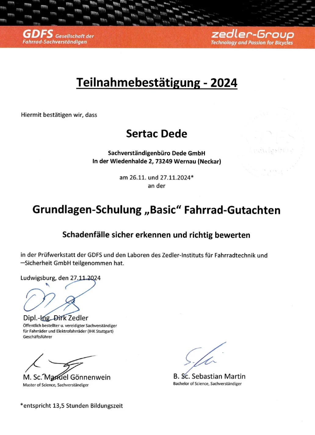 sertac-dede-teilnahmebestaetigung-grundlagen-fahrrad-gutachten-gdfs