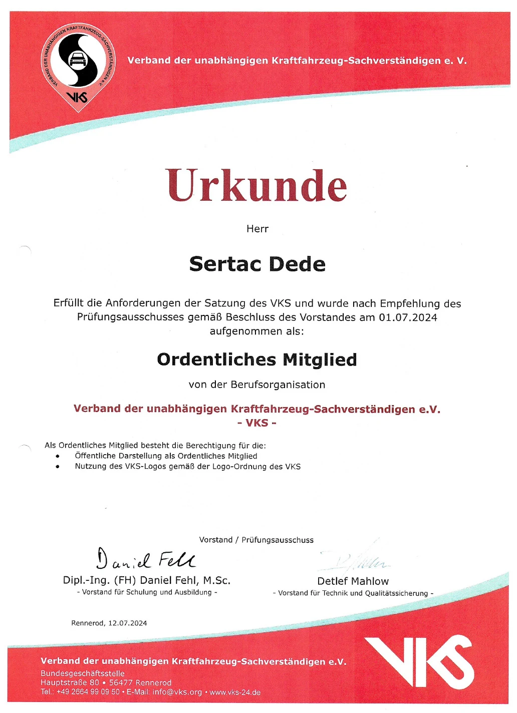 sertac-dede-urkunde-ordentliches-mitglied-vks