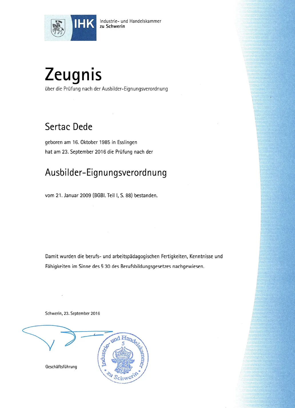 Sertac Dede - Zeugnis Ausbilder - Eignungsverordnung - IHK